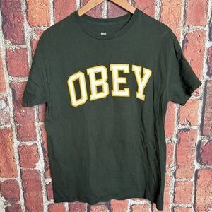 Obey Mens Graphic Tee Green Yellow Cotton T-Shirt Medium